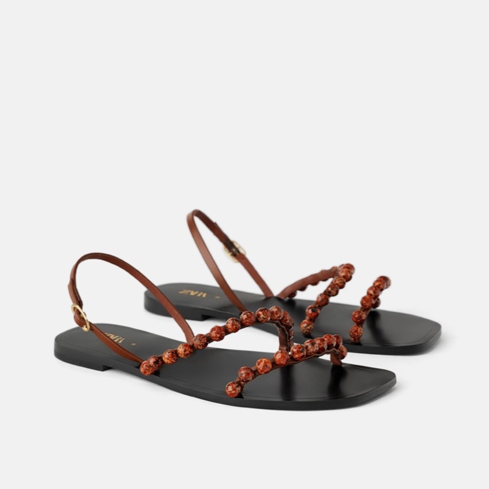 LAST THREE • NWT • Zara • Flat Leather Beaded Sandals